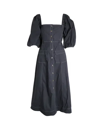 Ganni Topstitched Midi Dress In Black Organic Cotton