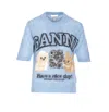 Ganni Light Blue Crewneck T-shirt With Maxi Logo Embroidery On The Front