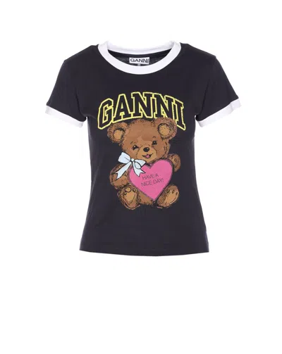 Ganni Teddy Print Crewneck T-shirt In Black