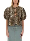 Ganni Multicolor Blouse With Front Tie Closure And All-over Leopard Motif In Cotton Woman In Multicolor