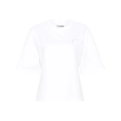 Ganni Logo-embroidered Ribbed T-shirt In White