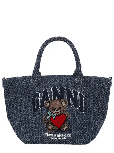Ganni Tote Bag With Logo In Blue