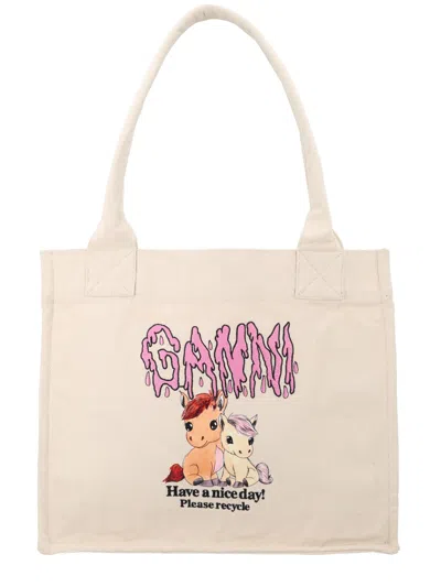 Ganni Women Tote Bag With Print In Neutral