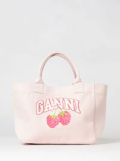 Ganni Large Recycled Cotton Canvas Tote Bag With Printed Logo In Pink