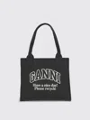 Ganni Women Black Shopper With Embroidered Logo On The Front In Denim Woman In Black