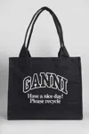 Ganni Black Shopper With Embroidered Logo On The Front In Denim Woman In Black