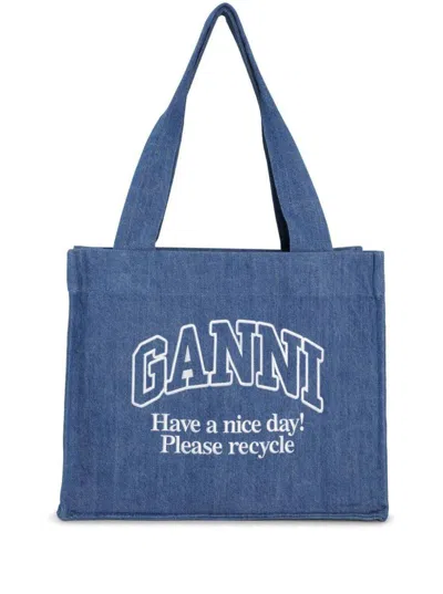 GANNI BLUE SHOPPER WITH EMBROIDERED LOGO ON THE FRONT