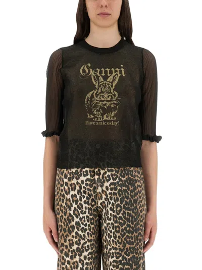 Ganni Transparent Jacquard Top With Playful Graphic In Black