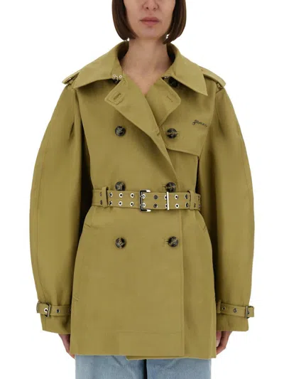 Ganni Double-breasted Midi Trench Coat With Oversized Sleeves In Brown