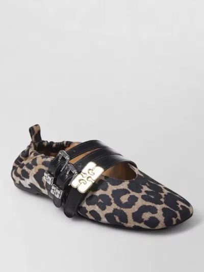Ganni Triple Strap Denim Ballerina Shoes Animal In Multi