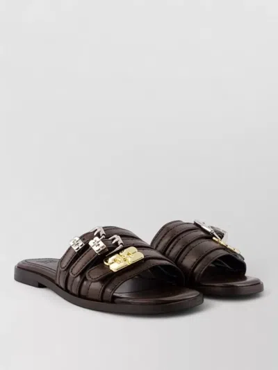 Ganni Triple Strap Flat Mules Synthetic In Brown