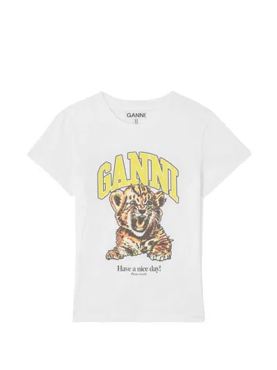 GANNI White T-shirt with print and crew neck logo GANNI