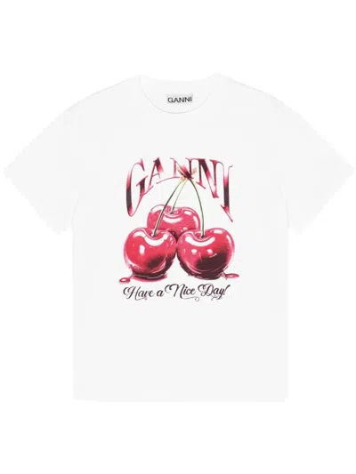 GANNI T-SHIRT CHERRY PRINT "BASIC JERSEY CHERRY",T4004 151 BRIGHT WHITE