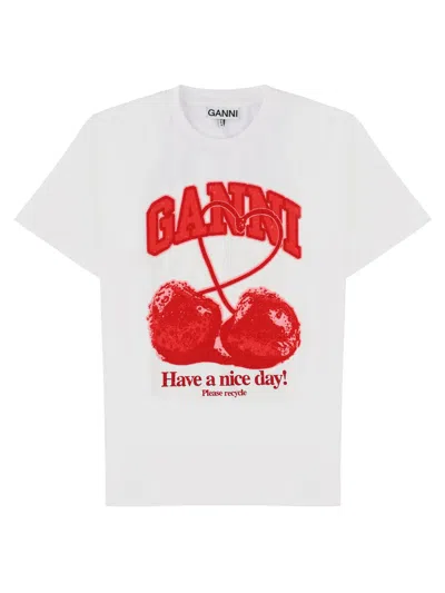 Ganni T-shirt Con Stampa Ciliegia In White