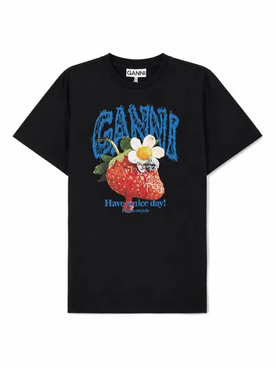 Ganni T-shirt Con Stampa Fragola In Black