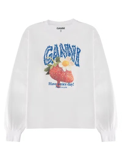 Ganni T-shirt Con Stampa "strawberry" In White