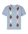 Ganni Argyle-pattern Puff-sleeve T-shirt In Blue