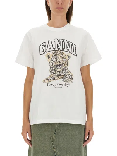 Ganni Tshirt Leopard In White