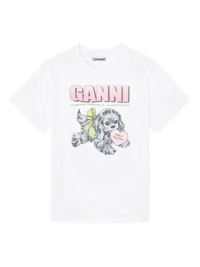 Ganni Women Puppy Print And Logo T-shirt In White