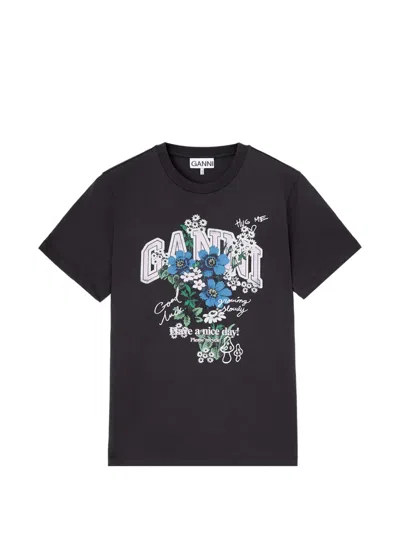 Ganni Basic Cotton Relaxed Graphic Print Tee In Black