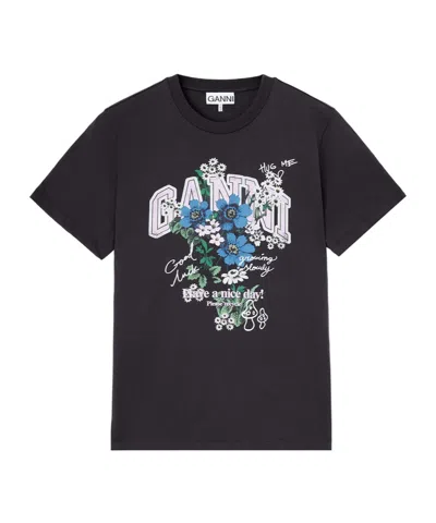 Ganni T-shirt With Flowers In Black
