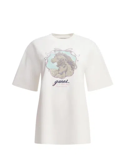 Ganni T-shirt With Horses In White
