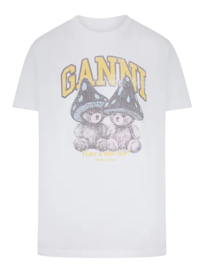 Ganni T-shirt With Teddy Mushrooms Print In White