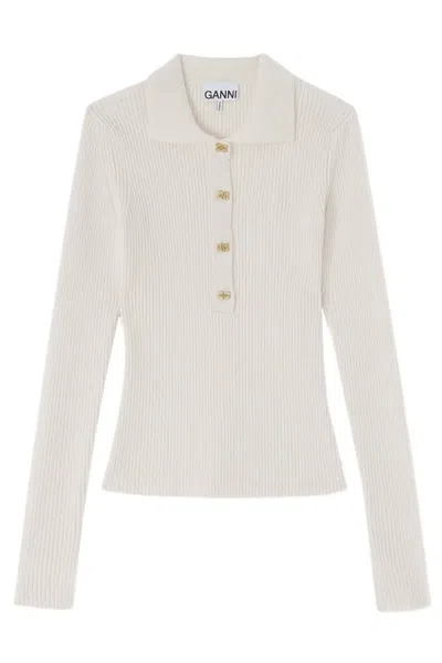 Ganni Long Sleeve Rib Knit Polo Shirt In Neutral