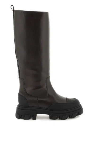 Ganni Tubular Leather Boots In Marrone