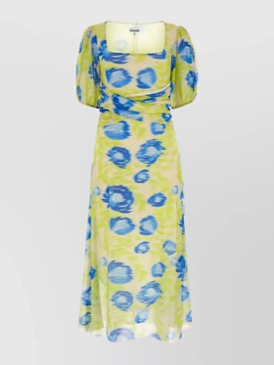 Ganni Tulle Print A-line Midi Dress In Cream
