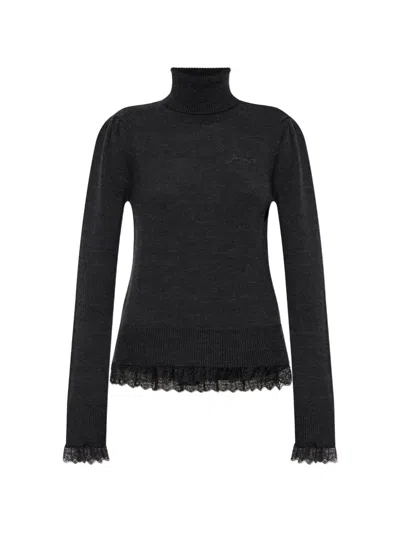 Ganni Turtleneck In Lace Merino Sweater In 블랙