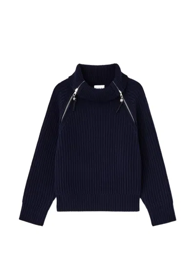 Ganni Turtleneck Sweater In Blue Wool