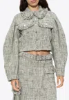 Ganni Tweed Cropped Blazer In Gray