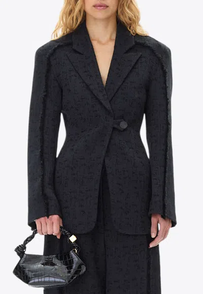 Ganni Tweed Single-breasted Blazer In Black