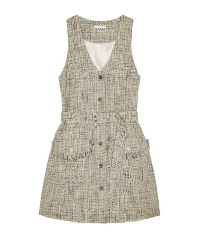 Ganni Tweed Sleeveless Belted Dress In Brown