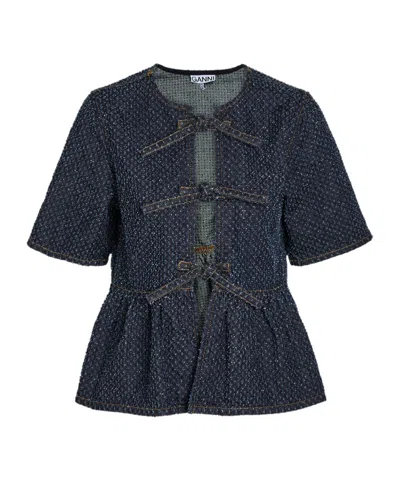 Ganni Tweed-effect Peplum Denim Blouse In Black