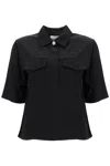 Ganni Short-sleeved Twill Blouse For In Black (black)