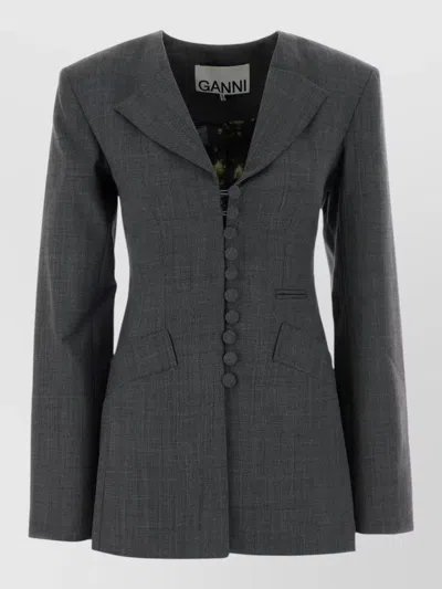 Ganni Twill Blazer Longline Silhouette Notched Lapels In Gray