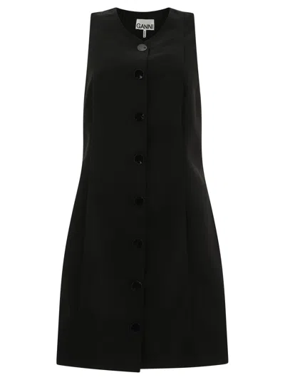 Ganni Sleeveless Twill Dress With Button Front In Black
