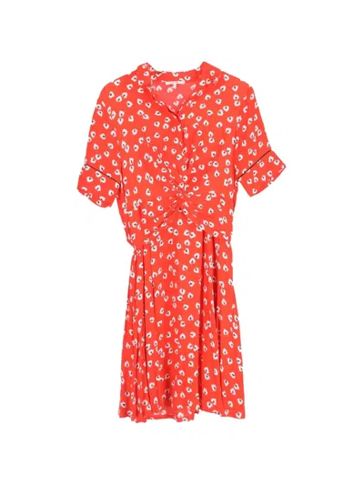 Pre-owned Ganni Twist-front Floral-print Crepe Dress In Red