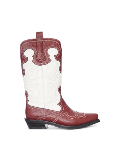 Ganni Two-tone Leather Texan Boots With Decorative Embroidery In Multi