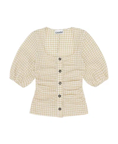 Ganni U-neck Bubble Sleeve Shirt In Nude