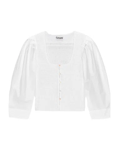 Ganni Smocked Cotton-poplin Cropped Blouse In White