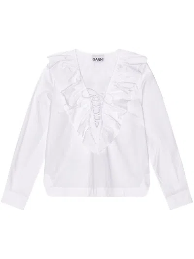 Ganni Ruffled Laced Blouse In White