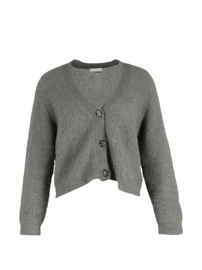 Pre-owned Ganni V-neck Button-up Cardigan In Gray
