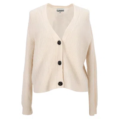 Ganni V-neck Buttoned Cardigan In Cream Wool In Neutral