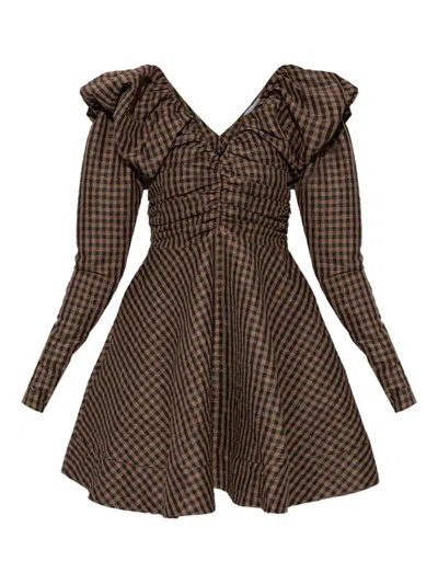 Ganni V-neck Checked Mini Dress In Brown