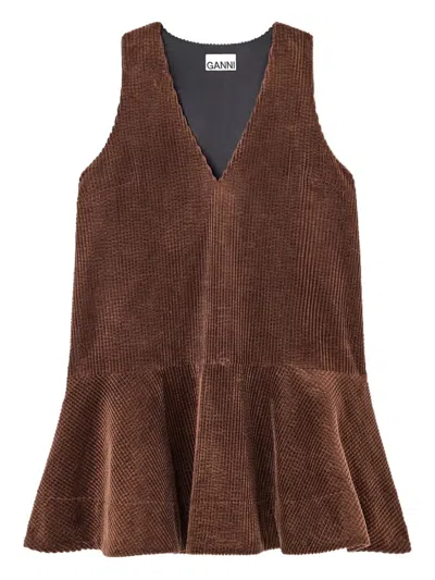 Ganni Brown Seersucker Corduroy V Neck Mini Dress