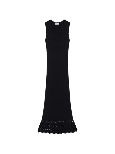 Ganni V-neck Crocheted Maxi Dress In Black