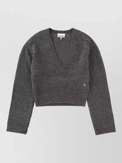 Ganni V Neck Cropped Sweater Long Sleeves In Gold